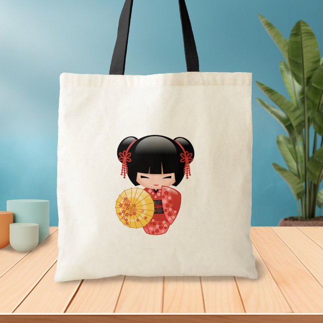 Bolsa Tote Red Sakura Kokeshi Doll - Japonês Geisha 2 (Criador carregado)