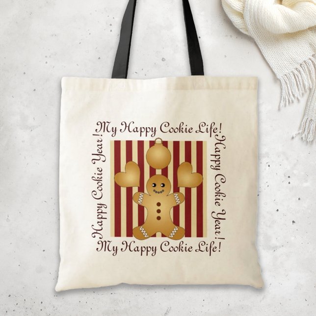 Bolsa Tote Red Stripe Christmas Cookie Cute Gingercake Man (Criador carregado)
