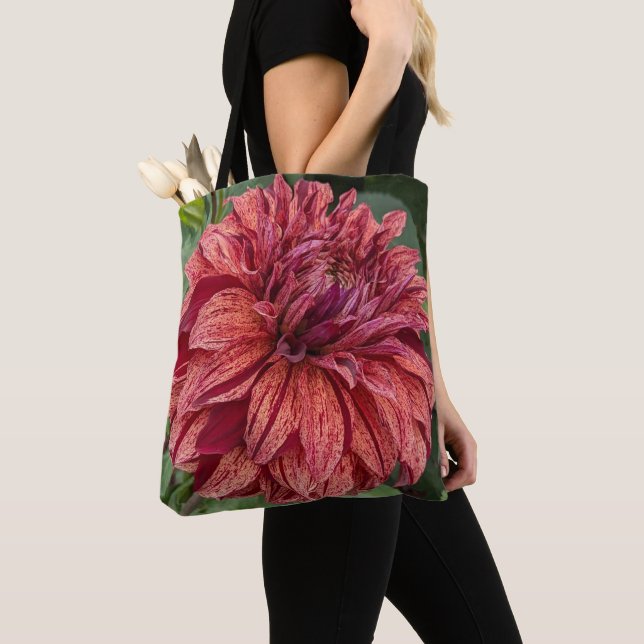 Bolsa Tote Red Varieged Dahlia Bloom Floral (Close Up)
