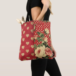 Bolsa Tote Red Vintage Pontos Chique Corações Misturar Florai