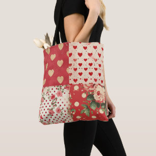 Bolsa Tote Red Vintage Pontos Chique Corações Misturar Florai