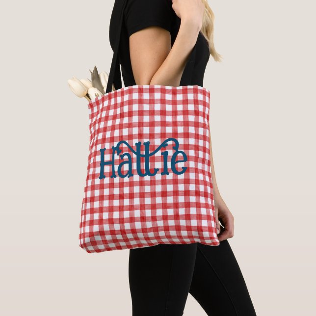 Bolsa Tote Red Watercolor Gingham Personalizado (Close Up)