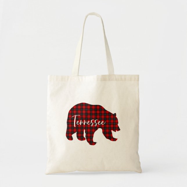 Bolsa Tote Red Xadrez Tennessee Bear Correspondendo à Família (Frente)