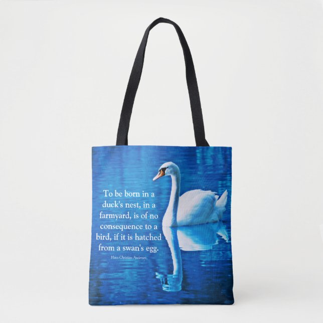 Bolsa Tote Reflexão do Cisne de Cotação Inspiracional Azul e  (Frente)