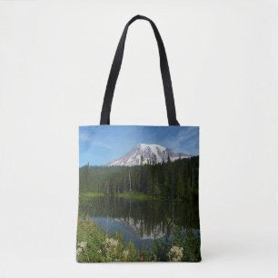 Bolsa Tote Reflexo do Lago Monte Rainier com Flores Silvestre