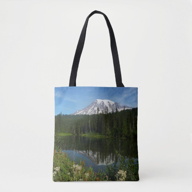 Bolsa Tote Reflexo do Lago Monte Rainier com Flores Silvestre (Frente)