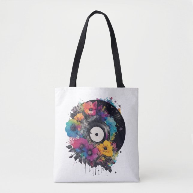 Bolsa Tote Registro de vinilo com flores coloridas (Frente)