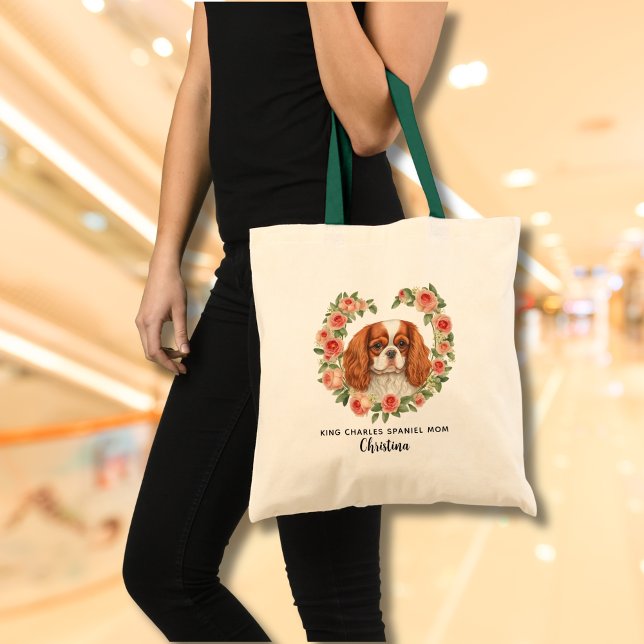 Bolsa Tote Rei Personalizado Charles Spaniel Floral Heart (Add Dog Name & edit text to personalize, delete if not required)