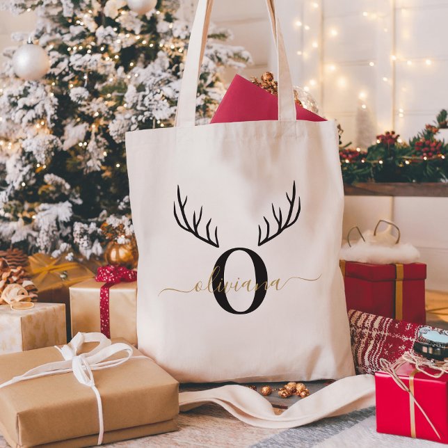 Bolsa Tote Reindeer Antler | Natal do Monograma Elegante (Criador carregado)