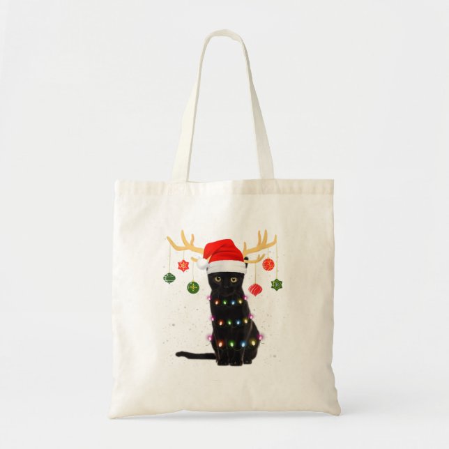 Bolsa Tote Reindeer Black Cat Santa Hat Natal L (Frente)