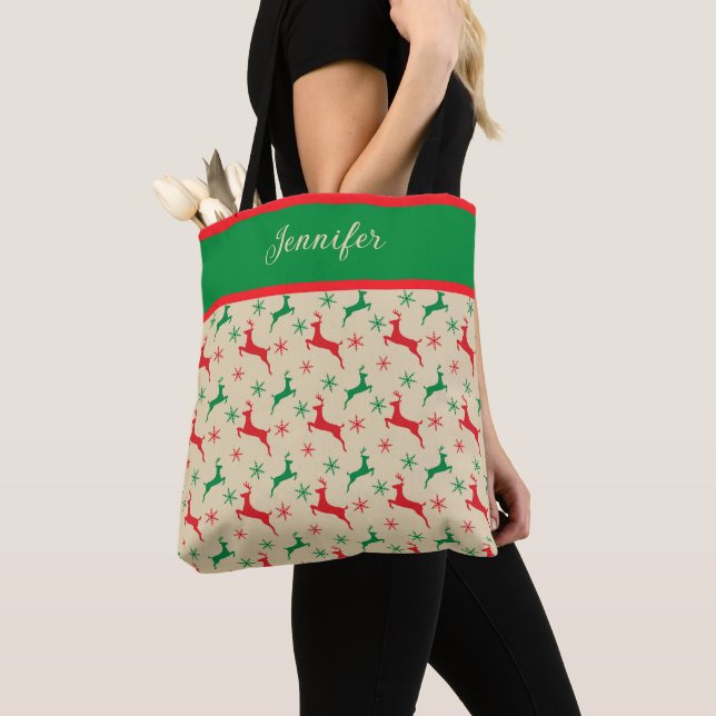 Bolsa Tote Reindeer Vermelho e Verde e Flocos de Neve Persona (Close Up)