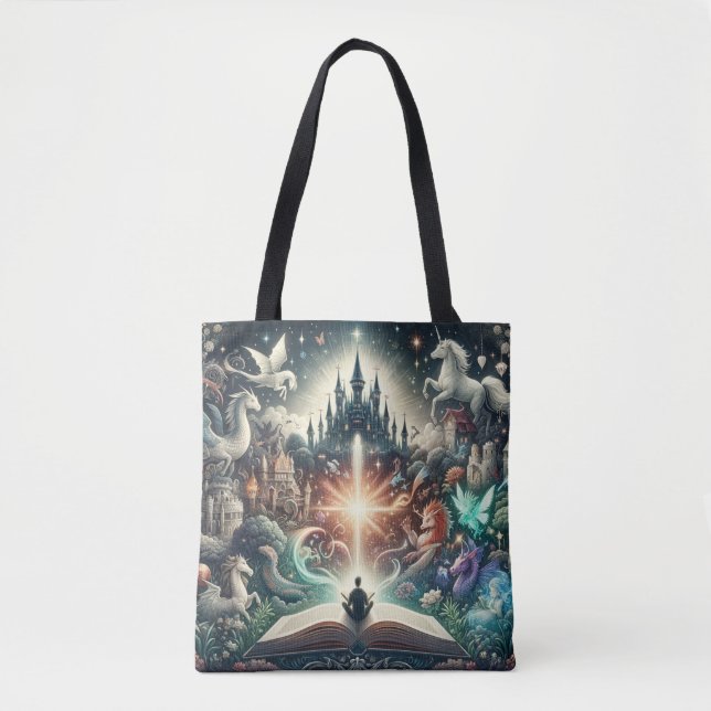 Bolsa Tote Reino da Imaginação: Livros de Fantasia (Frente)