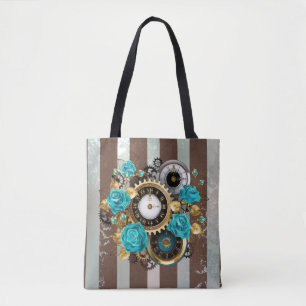 Bolsa Tote Relógio e Rosas de Turquesa em Striping