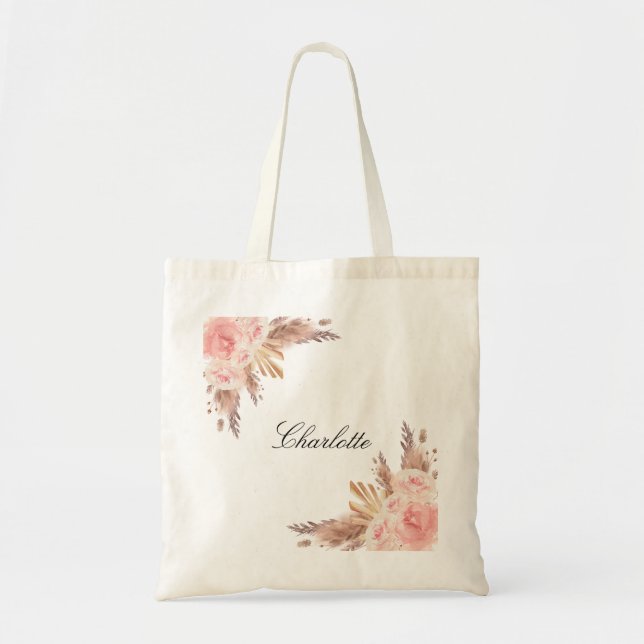 Bolsa Tote Relva das pampas rosa dourado floral branco nome (Frente)