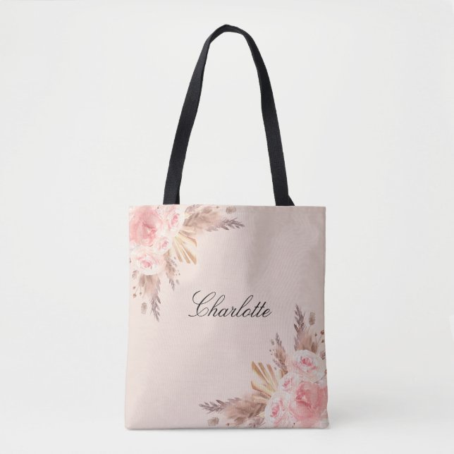 Bolsa Tote Relva pampas rosa flores dourado nome (Frente)