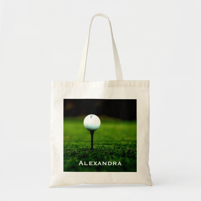 Bolsa Tote Relvado e bola de golfe/T da grama verde, (Frente)