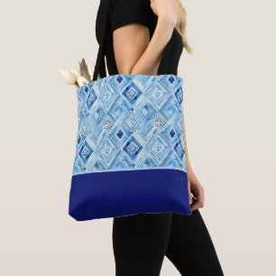 Bolsa Tote Remendo de Patchwork em Forma de Diamante Azul e B