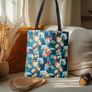 Bolsa Tote Remendos Florais e Geométricos com Flor de Cerejei