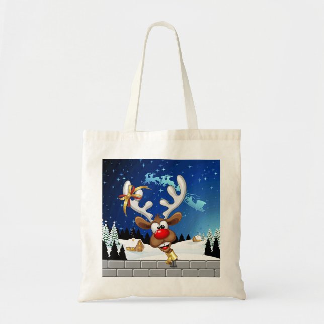Bolsa Tote Rena de Natal Engraçada Espiando Meme de Natal (Frente)