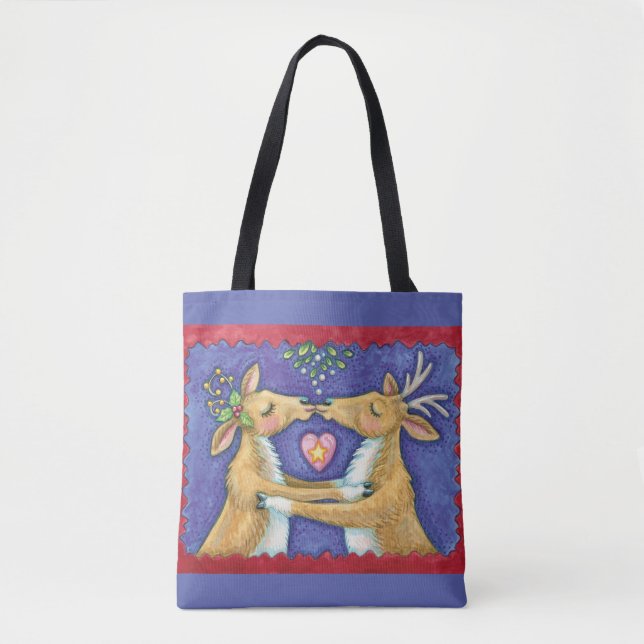 Bolsa Tote Renos de Natal Fofos, Beijo Romântico com Visca (Frente)