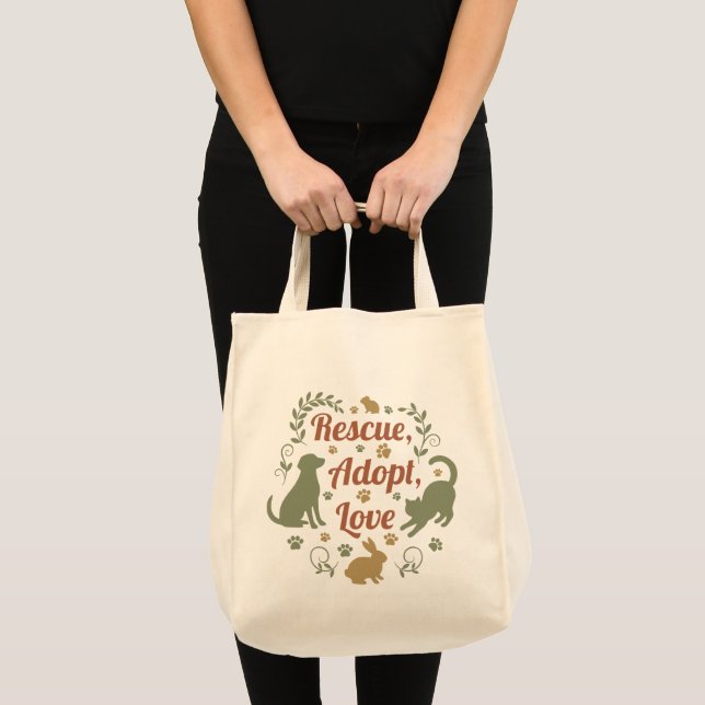 Bolsa Tote Rescue, Adopt, Love (Frente (produto))