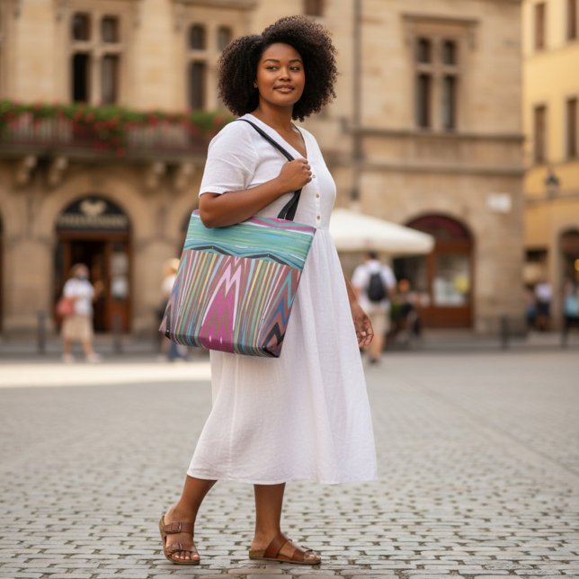 Bolsa Tote Resumo Listra Vertical Chevron Rosa Desbotada (Criador carregado)