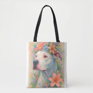 Bolsa Tote Retrato Colorido de Pit Bull Floral com Impressão