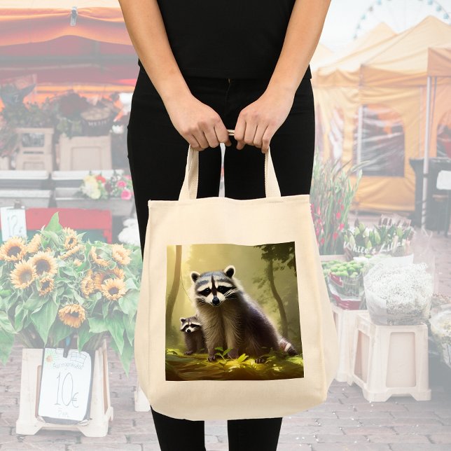 Bolsa Tote Retrato da Vida Selvagem da Família Raccoon (Criador carregado)