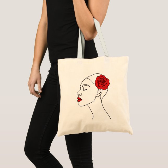 Bolsa Tote Retrato de Arte em Linha da Mulher com Rosa vermel (Frente (produto))