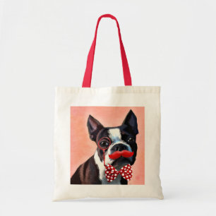 Bolsa Tote Retrato de Boston Terrier com Arco Vermelho e 3