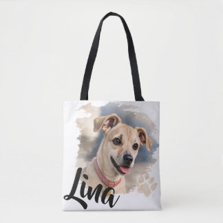 Bolsa Tote Retrato de Cachorro em Aquarela com Pincelada Artí