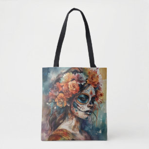 Bolsa Tote Retrato de Catrina em Aquarela do Día de los Muert