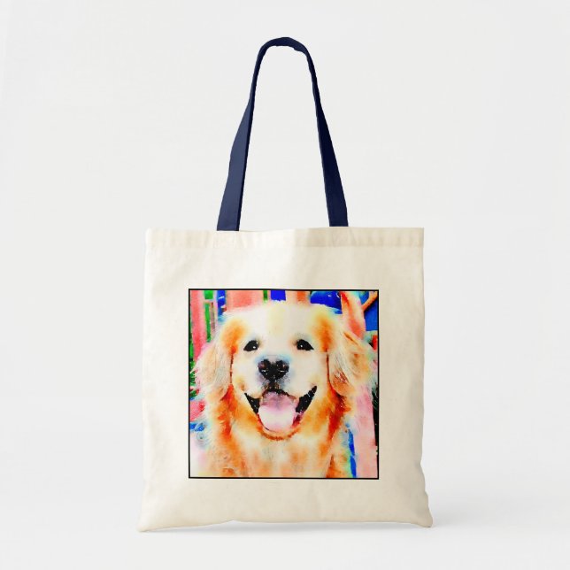 Bolsa Tote Retrato de sorriso da aguarela do golden retriever (Frente)