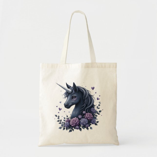 Bolsa Tote Retrato de Unicórnio Escuro em um Quadro Redondo (Frente)