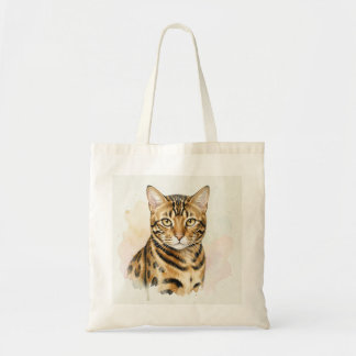 Bolsa Tote Retrato em Aquarela de Gato Bengal