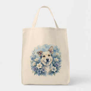 Bolsa Tote Retrato Floral Botânico de Cachorro em Aquarela