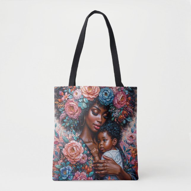 Bolsa Tote Retrato Floral Preto Mãe e Criança (Frente)