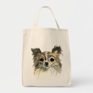 Bolsa Tote Retrato longo da aguarela da chihuahua do cabelo