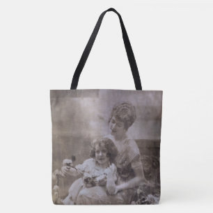 Bolsa Tote Retrato Mãe e Filho Vintage Sepia