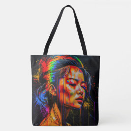 Bolsa Tote Retrato Neon Vibrante - Arte Expressionista Abstra