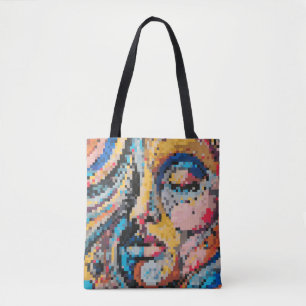 Bolsa Tote Retrato pixelizado vibrante em cores quentes