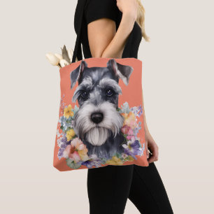 Bolsa Tote Retrato Schnauzer Bonito com Flores