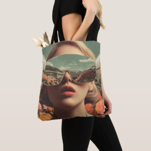 Bolsa Tote Retrato Surreal com Óculos de Sol Refletindo Flor