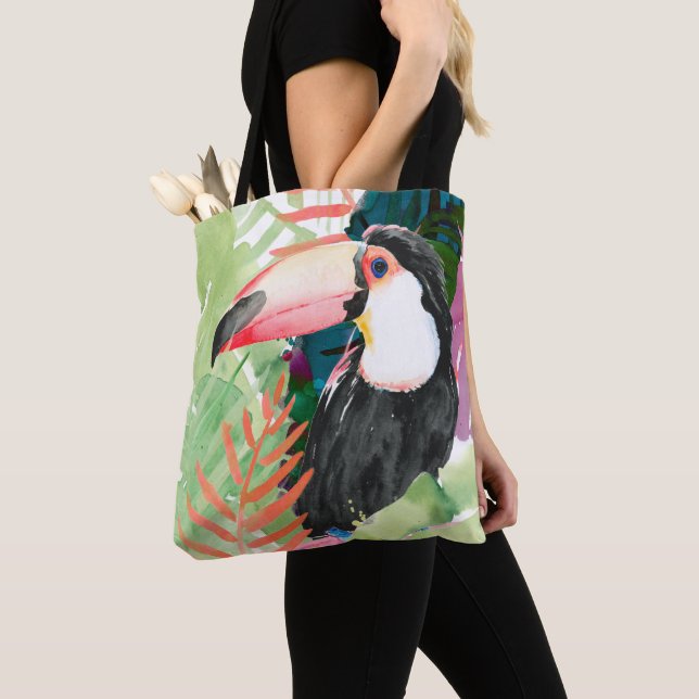 Bolsa Tote Retrato tucano com folhas tropicais (Close Up)