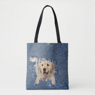 Bolsa Tote Retriever de Ouro no buraco de denim azul desgasta