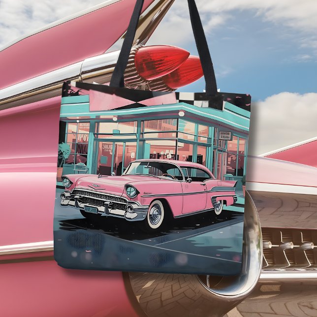 Bolsa Tote Retro 1950s Pink Car Mid‑Century Diner (Criador carregado)