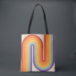 Bolsa Tote Retro 1970s Style Arched Stripes Geometric Pattern<br><div class="desc">This artwork channels a retro graphic spirit, forming the letter‑like curve with parallel bands of red, orange, yellow, light blue, teal, and purple. The layered arcs flow in harmony, evoking the bold optimism of 1970s design. Set against a soft beige background, the vibrant rainbow palette stands out with clarity and...</div>