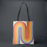 Bolsa Tote Retro 1970s Style Arched Stripes Geometric Pattern<br><div class="desc">This artwork channels a retro graphic spirit, forming the letter‑like curve with parallel bands of red, orange, yellow, light blue, teal, and purple. The layered arcs flow in harmony, evoking the bold optimism of 1970s design. Set against a soft beige background, the vibrant rainbow palette stands out with clarity and...</div>