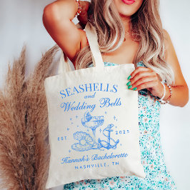 Bolsa Tote Retro Azul Conchas e Sininhos de Noiva Despedida d