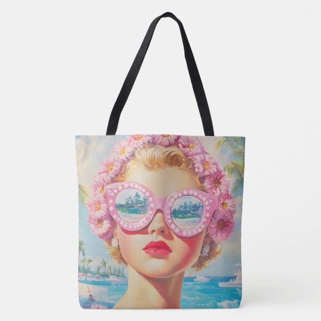 Bolsa Tote Retro Beach Girl com óculos de sol florais (Frente)
